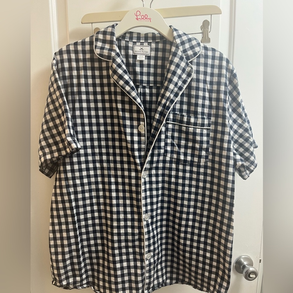 Petite Plume Button-Front Blue & White Gingham Sleep Shirt and Sleep Shorts